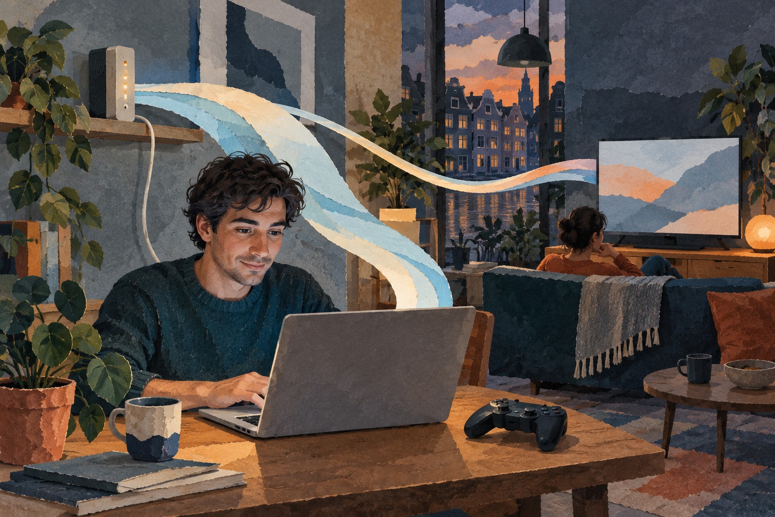 Papiercollage van een jonge man met een laptop en een huisgenoot bij de televisie, met papieren banen vanaf een modem.