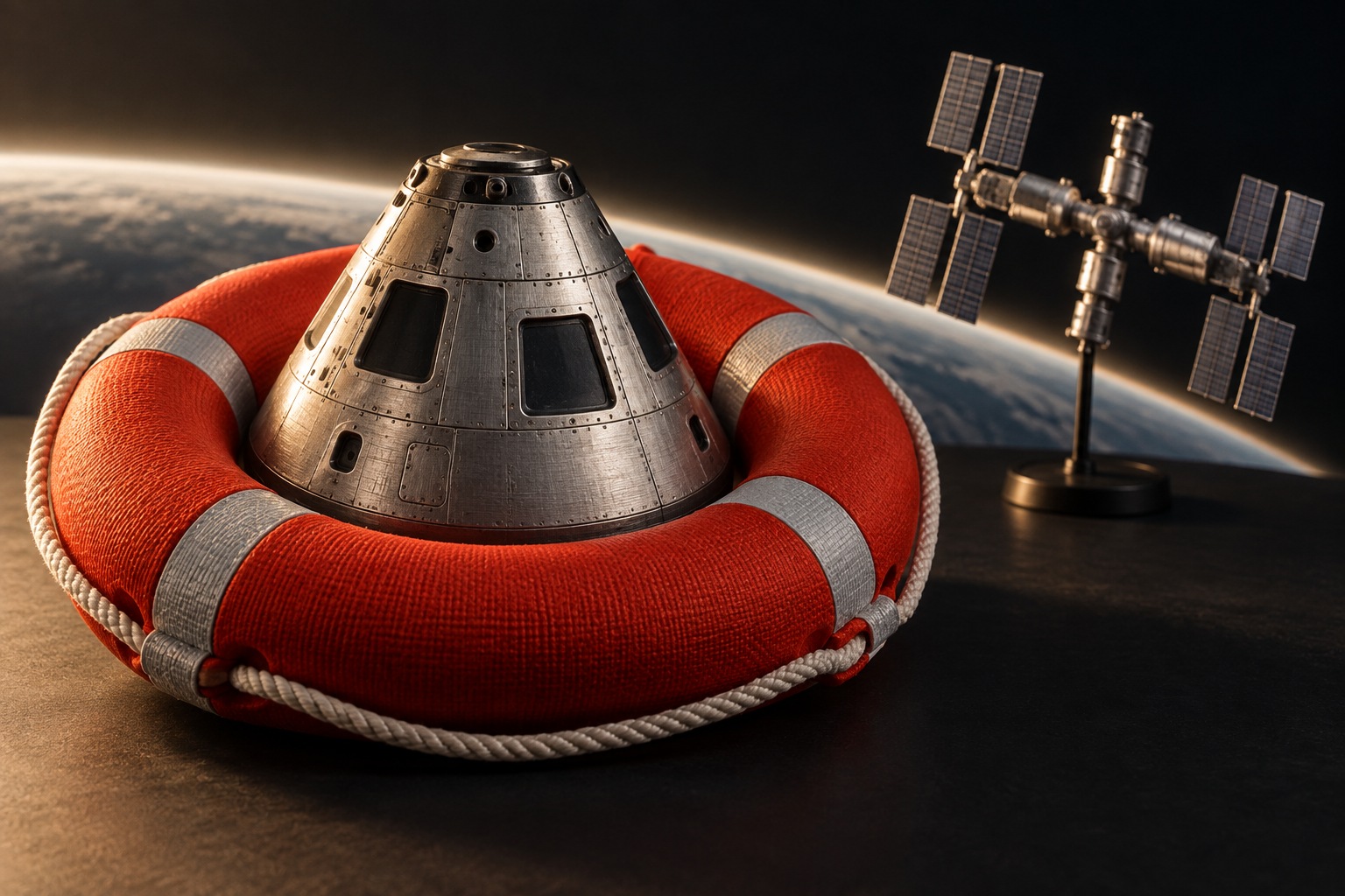 AI-conceptillustratie van een miniatuurcapsule in een reddingsring naast een model van een ruimtelaboratorium.