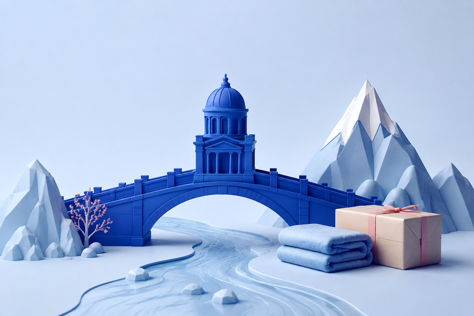AI-illustratie van een blauwe brug, een hulpgoederenpakket en een deken bij abstracte bergen en water