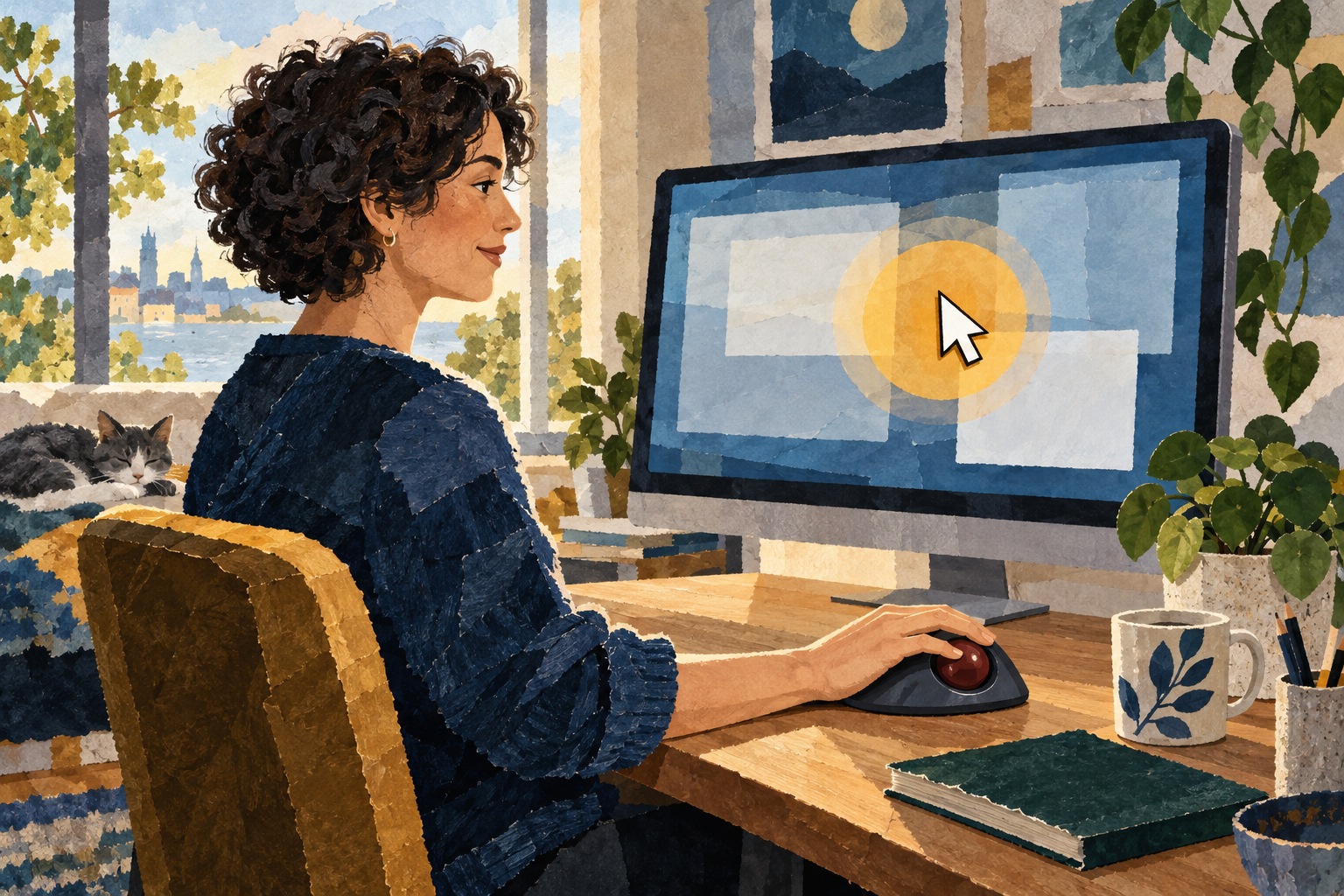 Conceptuele collage van een vrouw die een trackball bedient, met een aanwijzer en gekleurde cirkel op haar computerscherm.