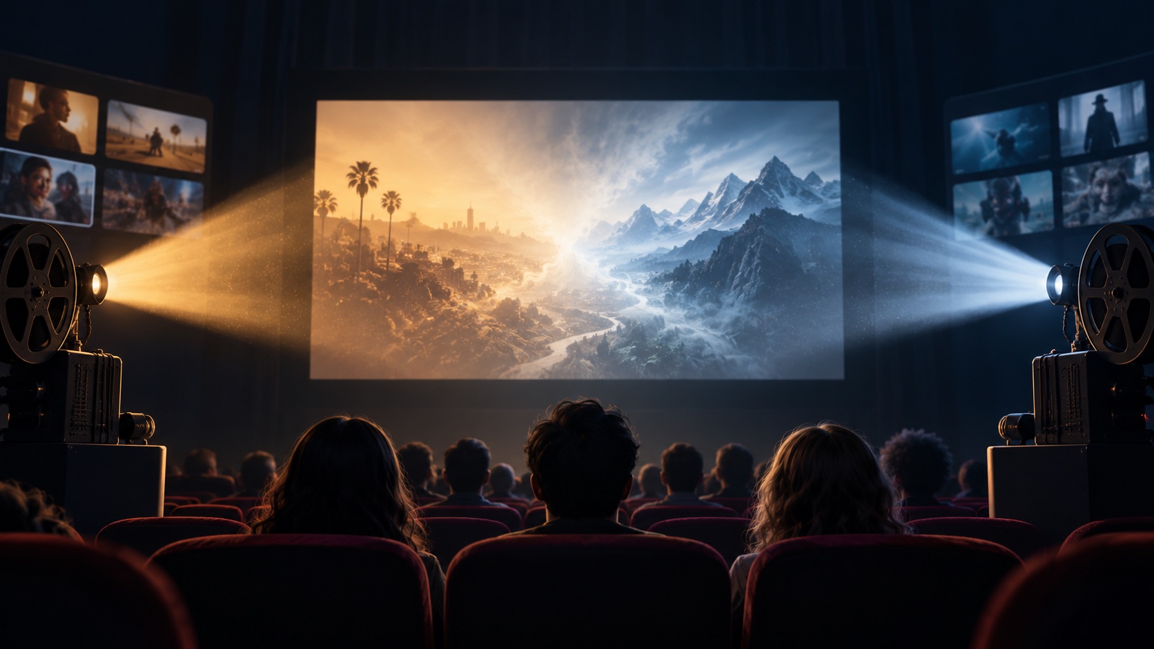 Illustratie van twee filmprojectoren die op één bioscoopscherm schijnen; geen opname van de bedrijven of rechtszaak.