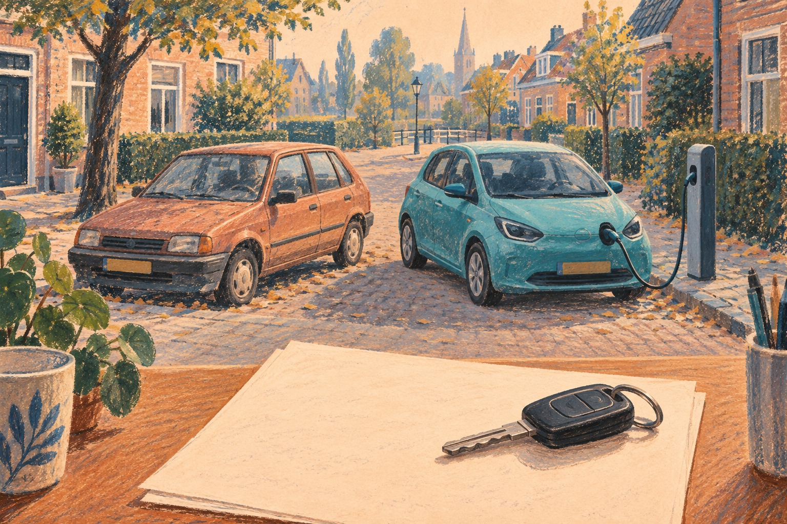AI-illustratie in pastelstijl: een oude auto naast een elektrische occasion aan een laadpaal, met een sleutel op een oningevuld document.