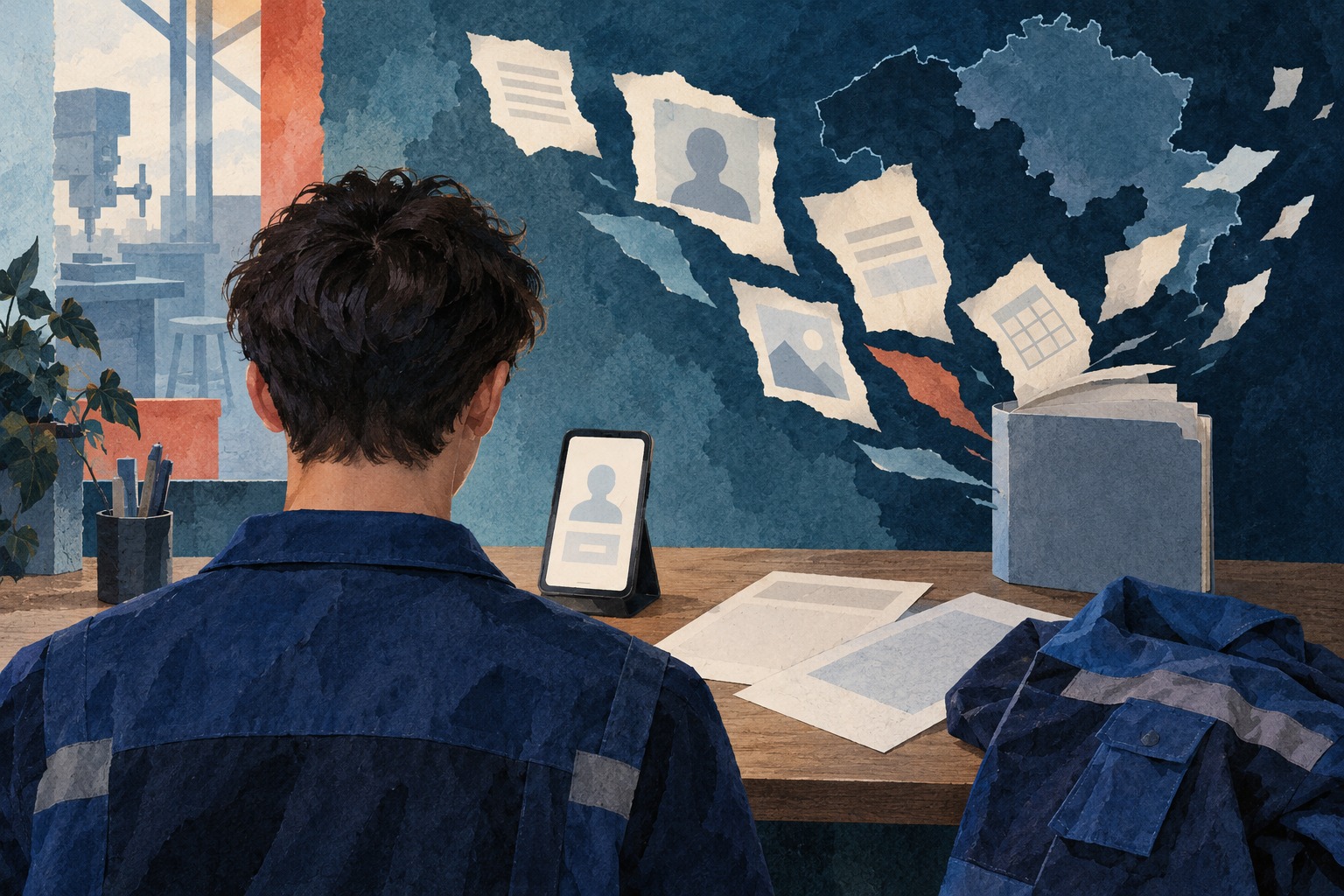 Conceptuele AI-illustratie van een jonge deelnemer aan een beroepsopleiding bij persoonlijke documenten die uiteenwaaieren.