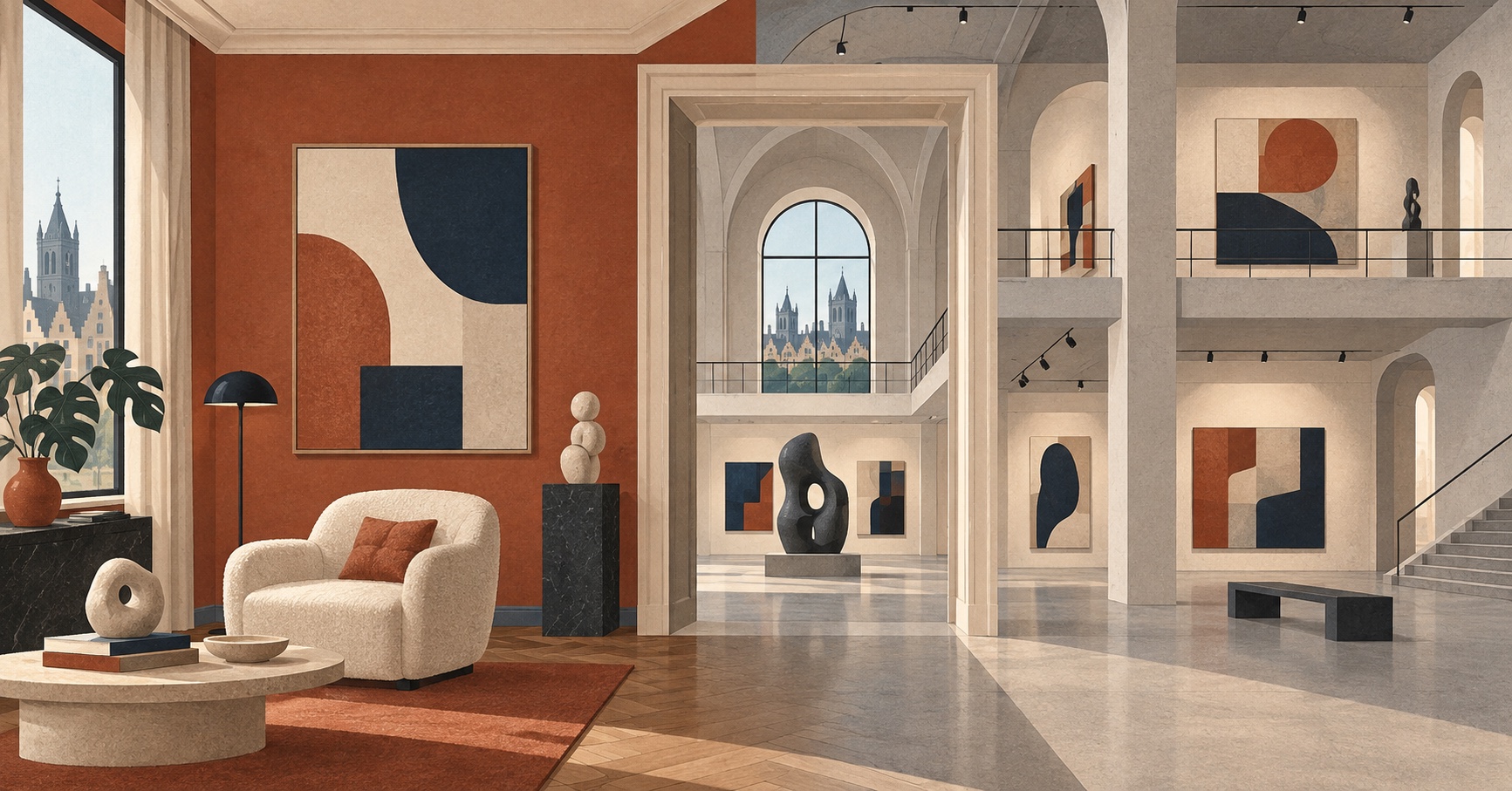 Conceptuele illustratie van een huiselijke kunstkamer die overgaat in een publieke galerie; dit is niet het echte Vandenhovepaviljoen of de tentoonstelling.