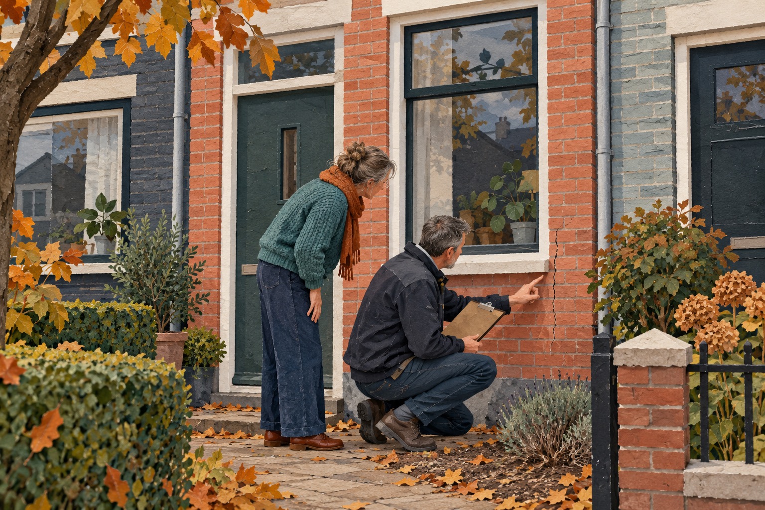 AI-conceptillustratie: een bewoner en een bouwkundige bekijken een scheur naast het raam van een fictieve Nederlandse rijwoning.