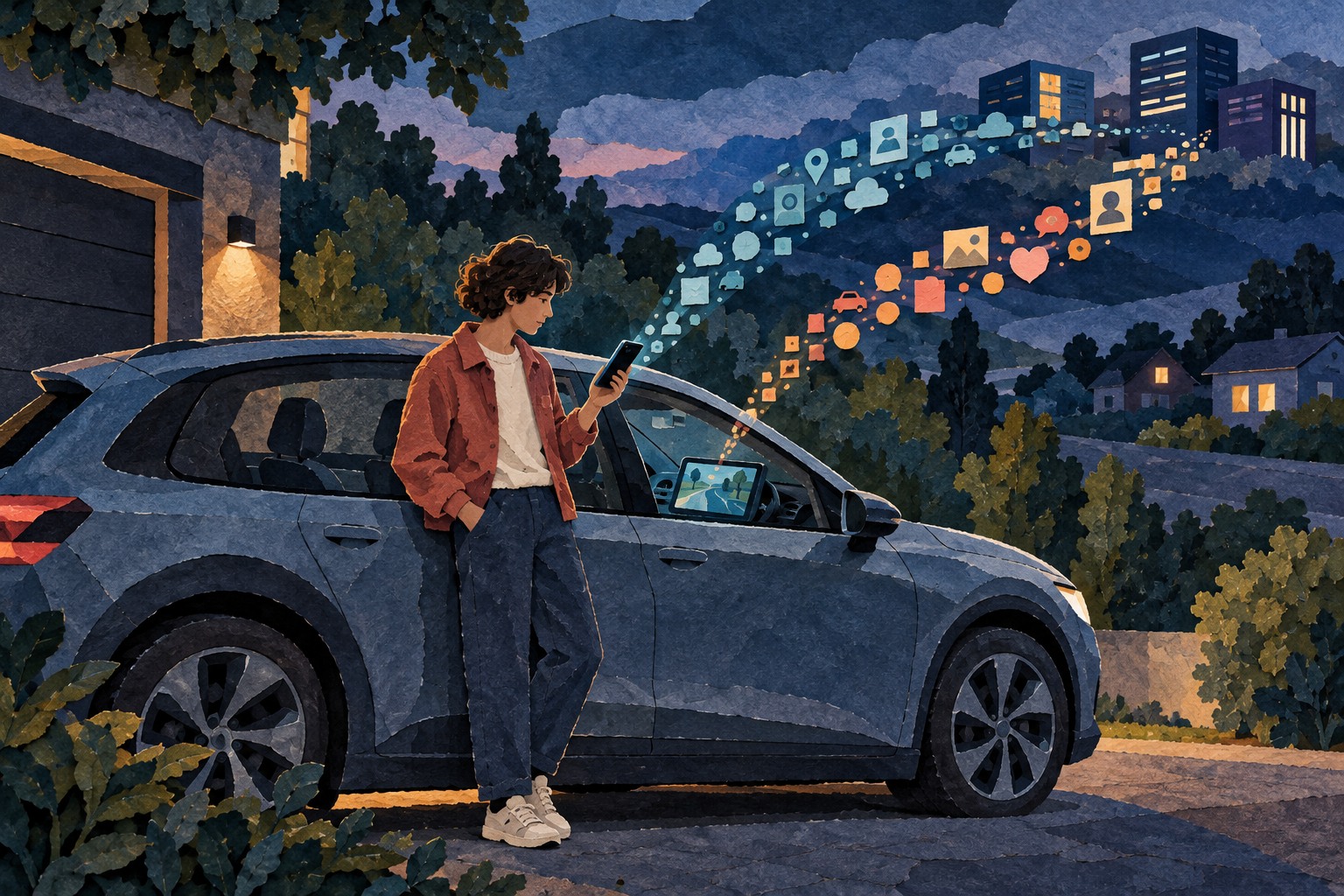 Conceptuele geschilderde papiercollage: een jongere staat naast een geparkeerde auto en kijkt op een telefoon, terwijl abstracte gegevensstromen van auto en telefoon naar gebouwen lopen.