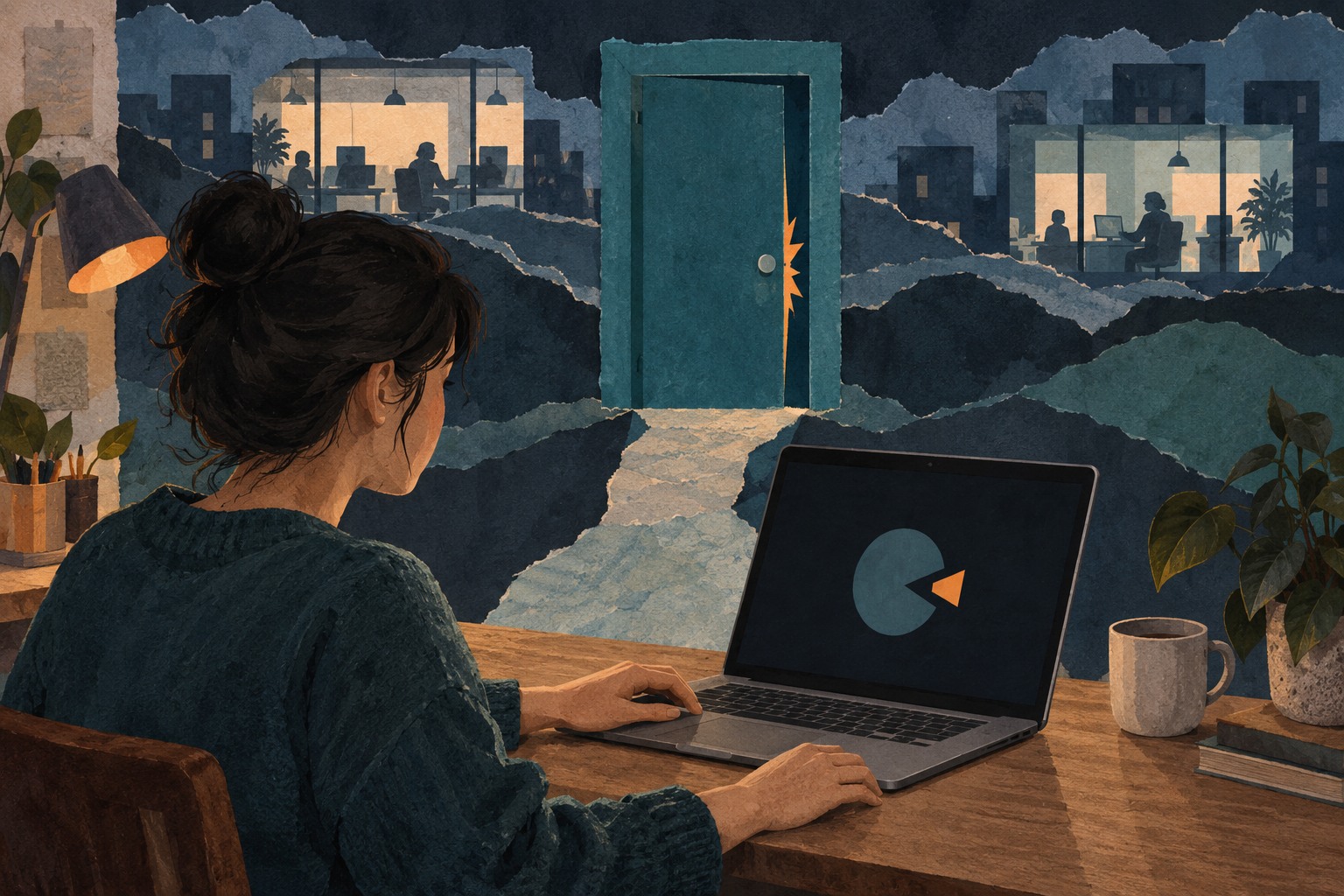Geschilderde papiercollage van een thuiswerker met twee handen bij een laptop, met daarachter een gesloten symbolische toegangspoort tot werktoepassingen.