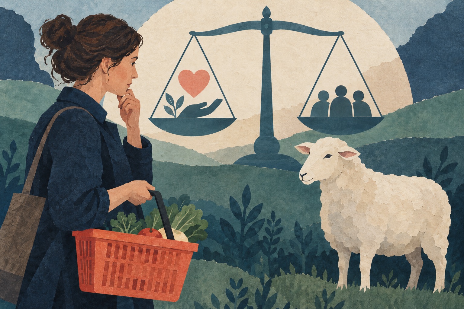 Conceptuele AI-illustratie van een winkelende vrouw, een schaap en een weegschaal met zorg en een groep mensen.
