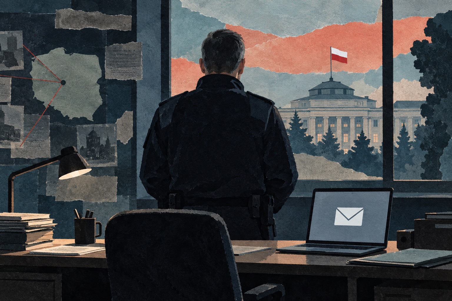 Conceptuele AI-illustratie van een beveiligingsmedewerker bij een laptop, met een Poolse vlag op de achtergrond.