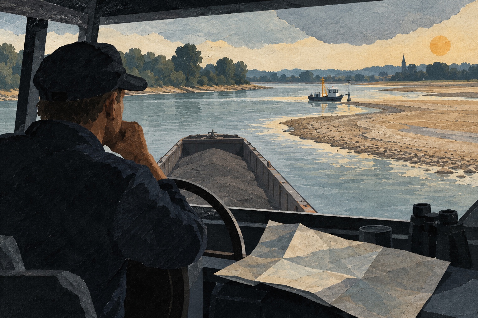 Conceptuele AI-illustratie van een binnenvaartschipper die over een ondiepe rivier naar een peilboot kijkt; geen echte plek of meting.
