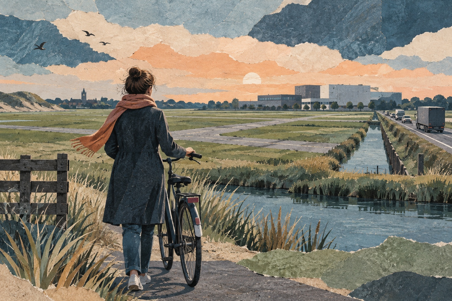 Conceptuele AI-illustratie van een inwoner met fiets die uitkijkt over een open terrein met een verre fabrieksvorm; niet de werkelijke locatie of het ontwerp van Eli Lilly.