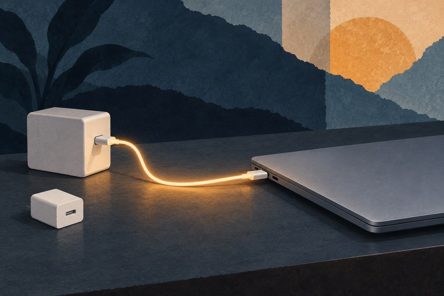 Geschilderde papiercollage van een laptop met één aangesloten USB-C-lader en een kleinere, losliggende lader.