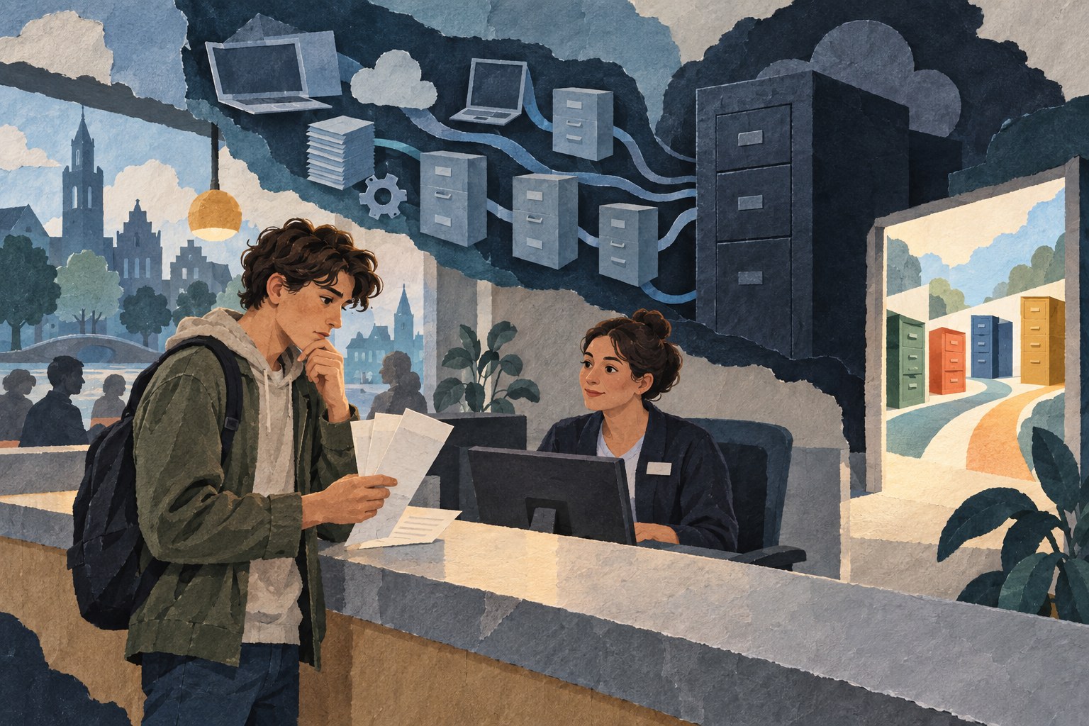 Conceptuele AI-illustratie van een jonge inwoner bij een gemeenteloket met digitale werkplekken en dossierkasten op de achtergrond.