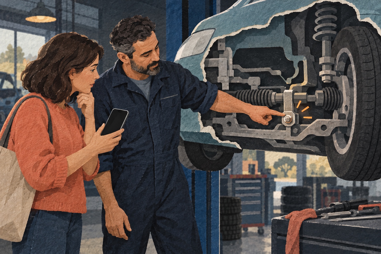 Conceptuele illustratie: een automobilist en monteur bekijken bij een auto op een brug een bout van de stuurinrichting.