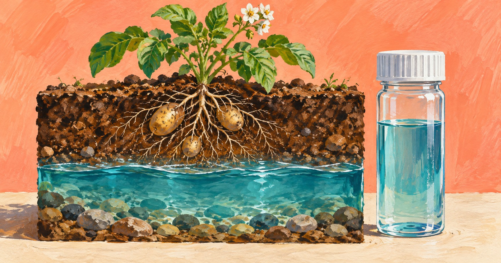 Conceptuele AI-illustratie van een plant, bodemlagen, helder grondwater en een laboratoriumflesje; geen meetresultaat of foto van een echte locatie.