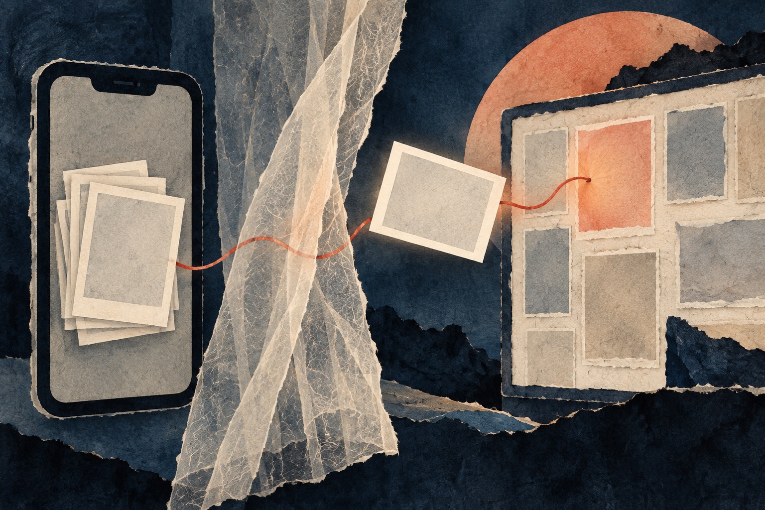 Conceptuele papiercollage: een beeldkaartje verlaat een telefoonvenster en komt bij een afzonderlijk beeldbord terecht.