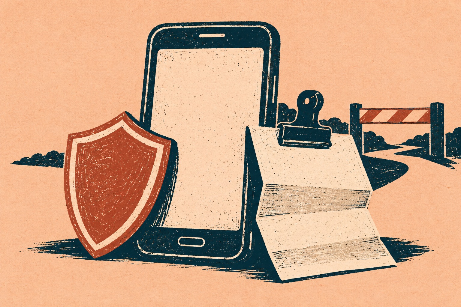 Illustratie in linodrukstijl van een telefoon, een schild en gevouwen rekening naast een afgesloten pad.