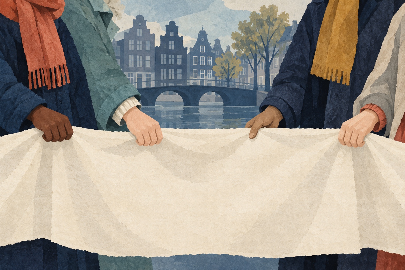 AI-illustratie van handen die een leeg doek vasthouden, met Amsterdamse grachtenpanden op de achtergrond.