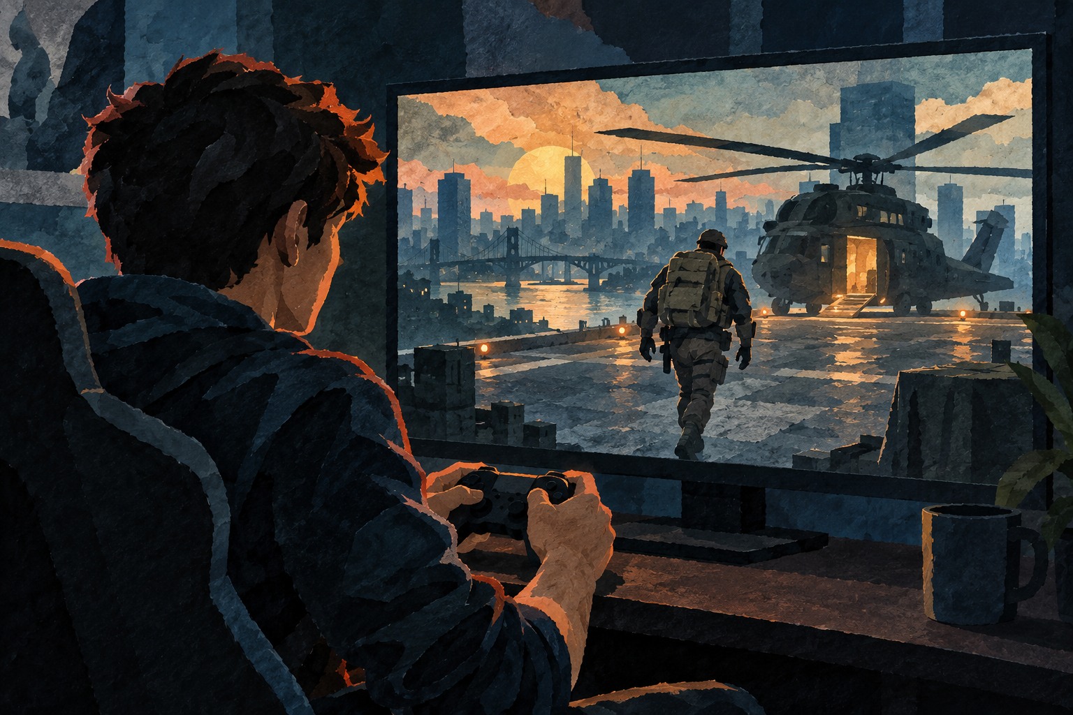 Conceptuele AI-collage van een gamer die op een scherm een personage met rugzak naar een helikopter ziet lopen.