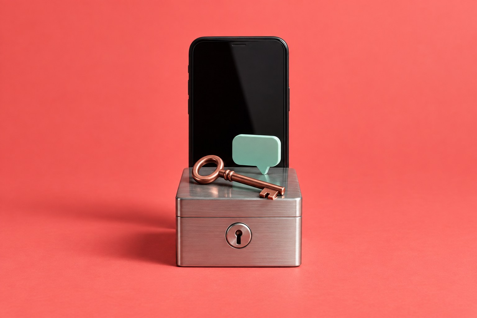 AI-illustratie van een telefoon, een metalen archiefdoos en een sleutel als symbool voor een lokale berichtenback-up.