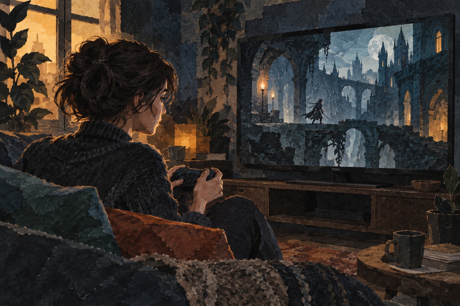 Geschilderde papiercollage van een vrouw met een controller voor een televisie met een verzonnen gotische spelwereld; geen screenshot uit Castlevania.