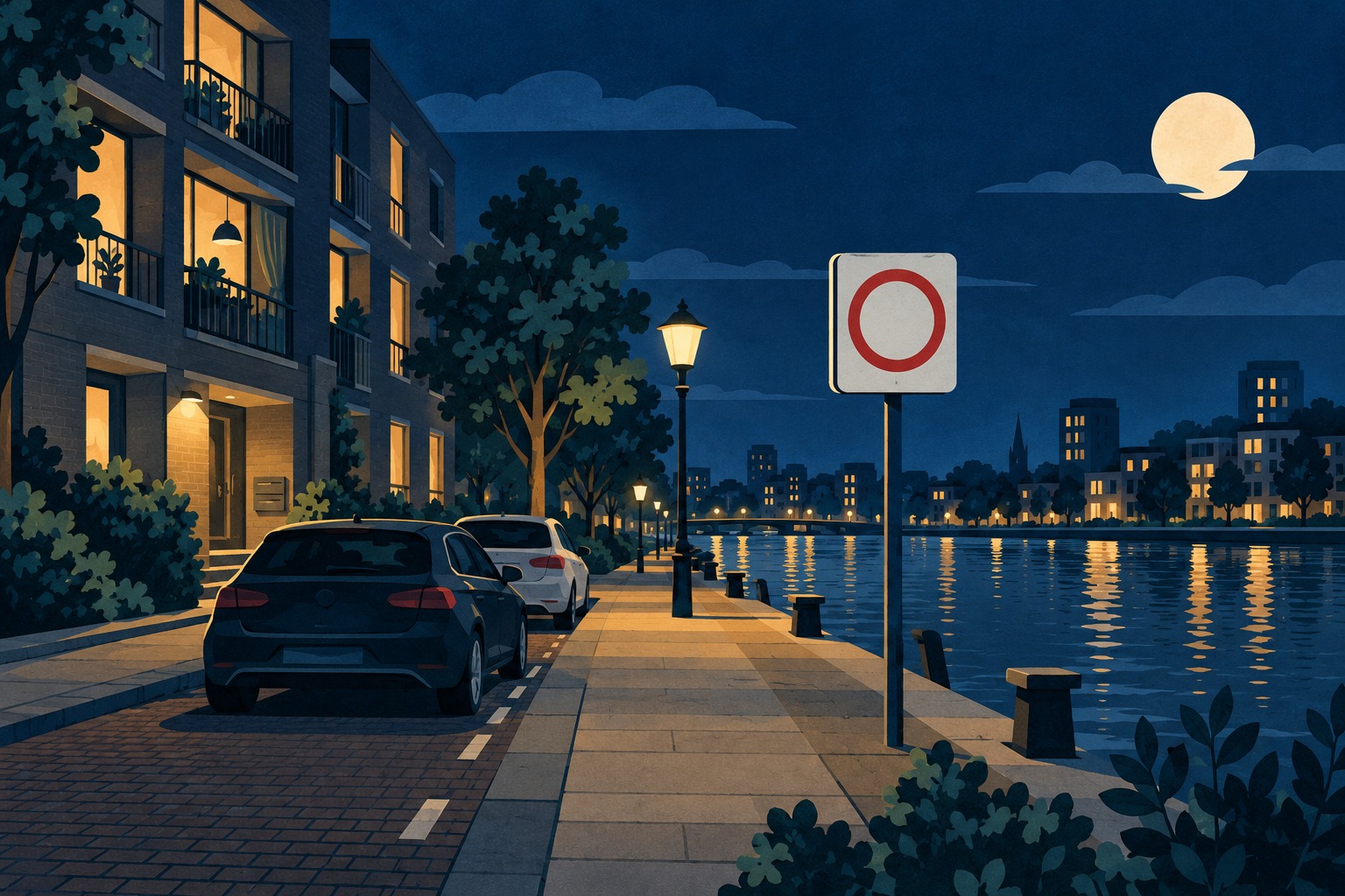 Conceptuele AI-illustratie van een nachtelijke kade met woningen, geparkeerde auto’s en een verbodsbord; geen werkelijke locatie.