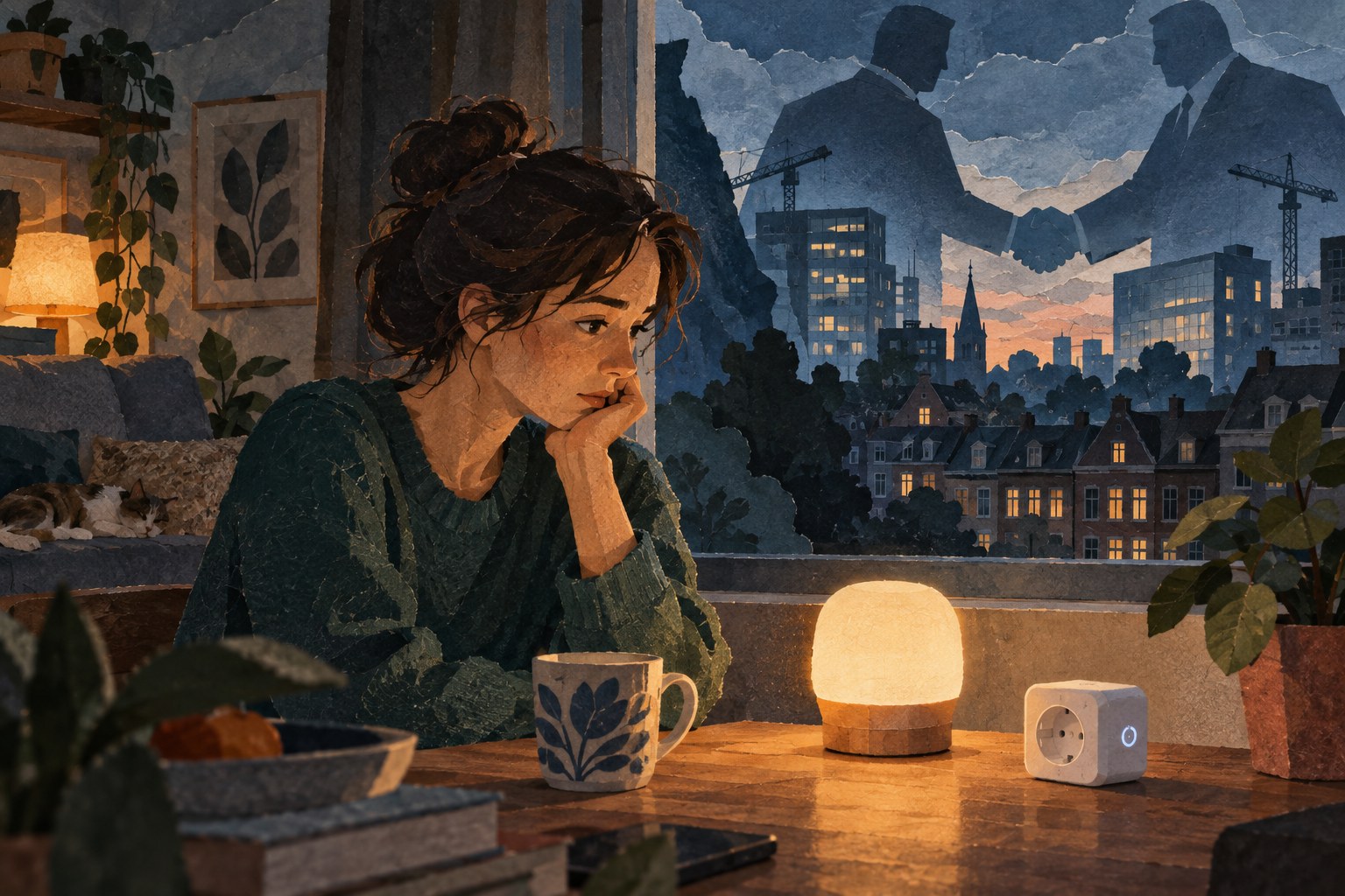 Conceptuele AI-collage: een jonge vrouw kijkt thuis naar een slimme lamp en stekker, terwijl buiten zakelijke silhouetten zichtbaar zijn.