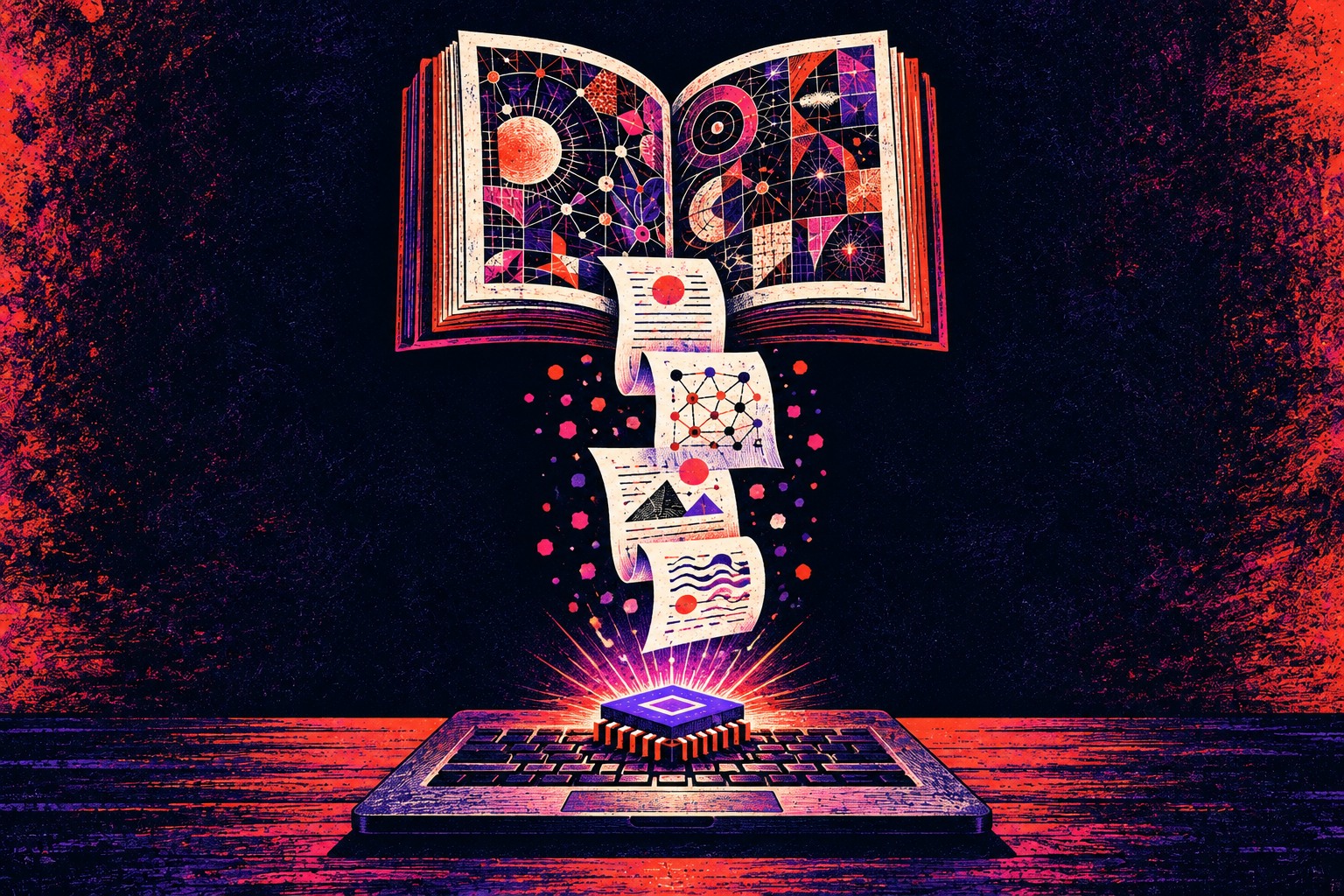 Conceptuele AI-illustratie in paars en vermiljoen: bladen met patronen stromen van een groot open boek naar een kleine chip op een laptop.