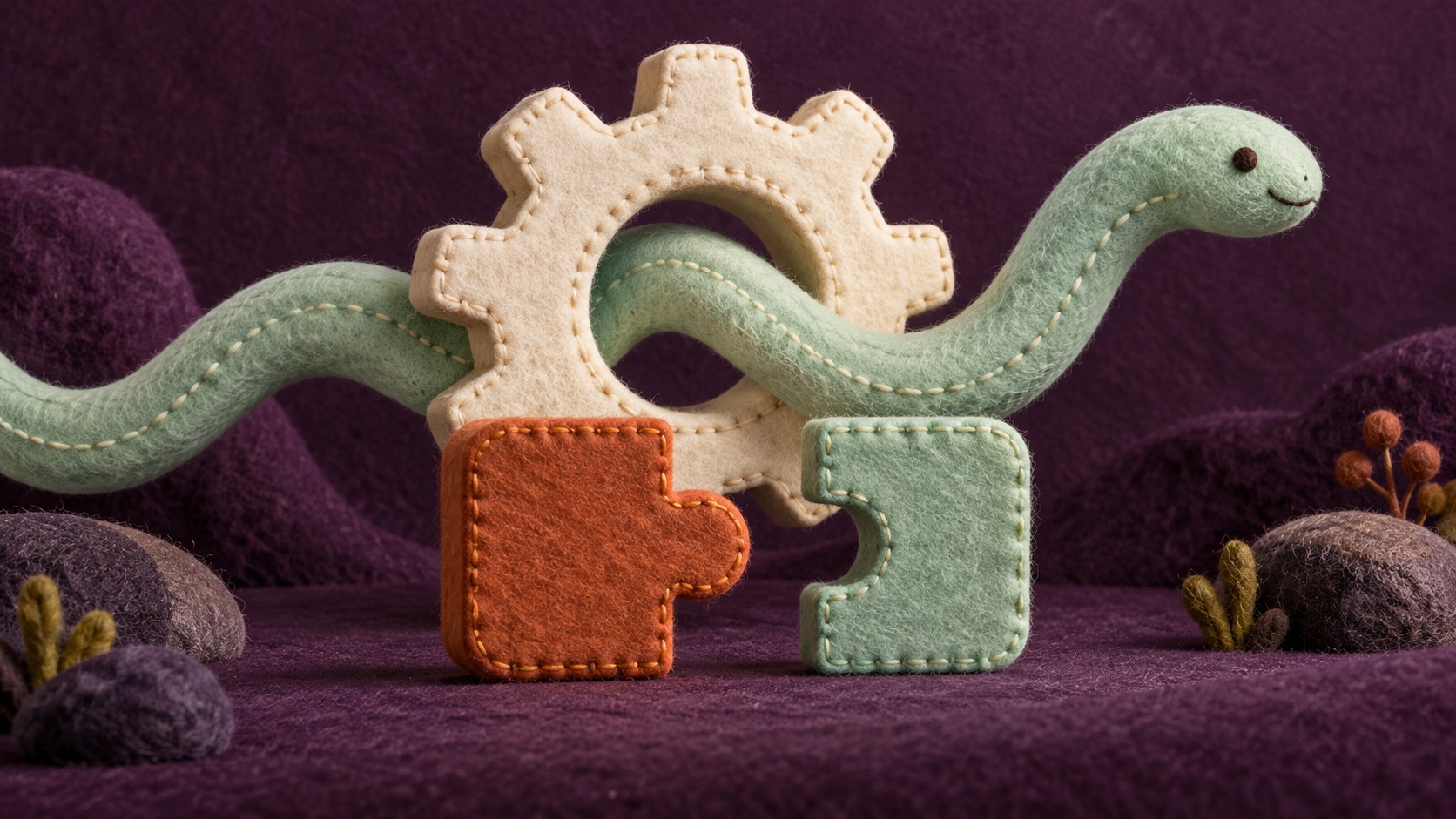 Conceptuele AI-illustratie van een mintgroene vilten slang door een tandwiel, met twee losse puzzelstukken op een donkerpaarse ondergrond.
