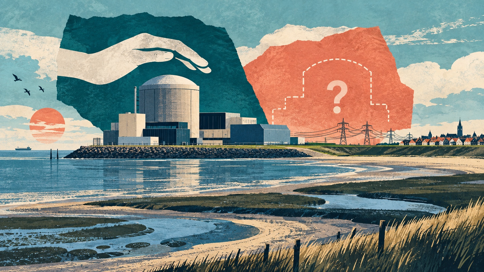 Conceptuele illustratie van een kerncentrale aan de kust, hoogspanningslijnen en een vraagteken bij de toekomstige exploitatie.