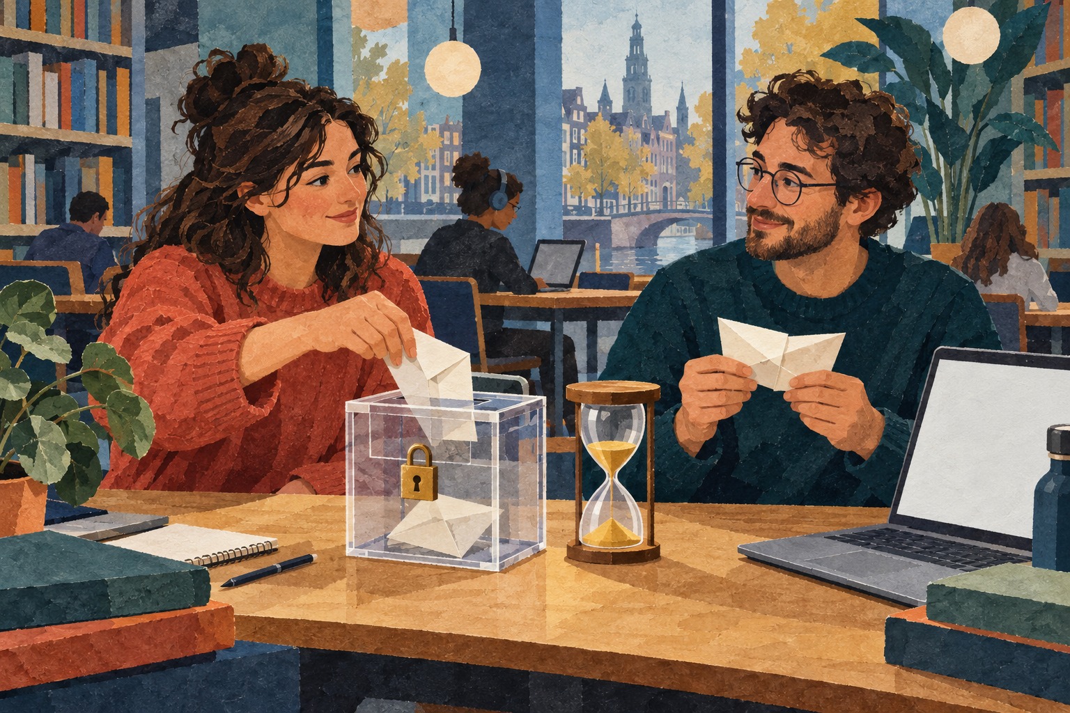 Conceptuele papiercollage van twee volwassen studenten met een laptop, een gedeeld papieren gesprek, een doosje met slot en een zandloper.