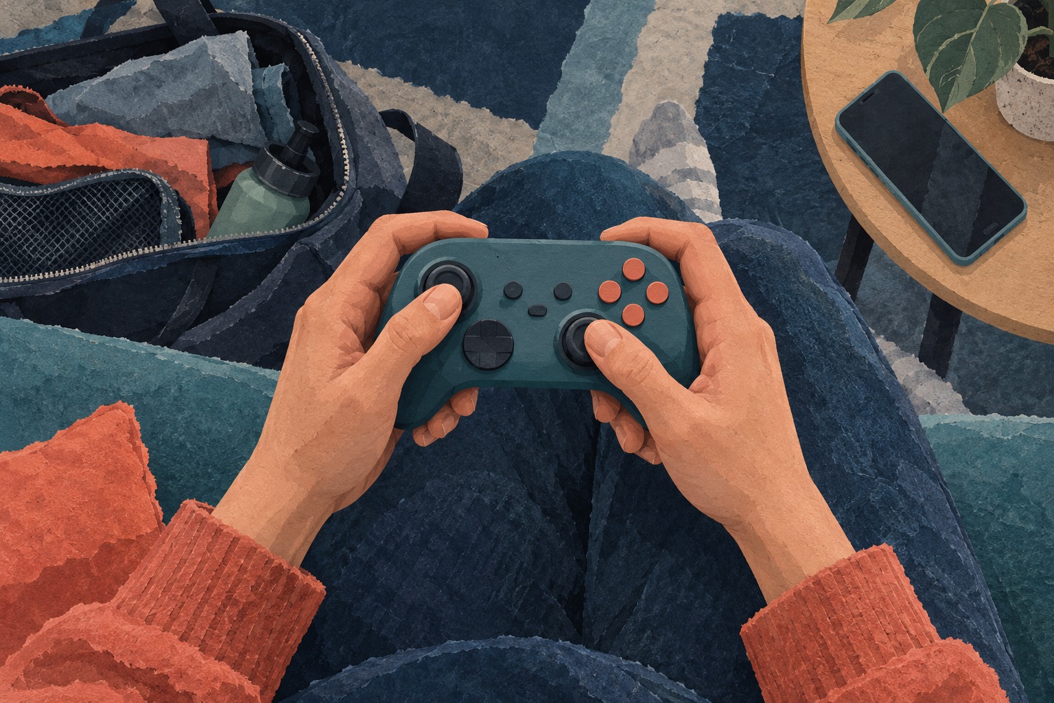 Conceptuele AI-collage van handen met een compacte, merkloze gamecontroller naast een reistas en telefoon.