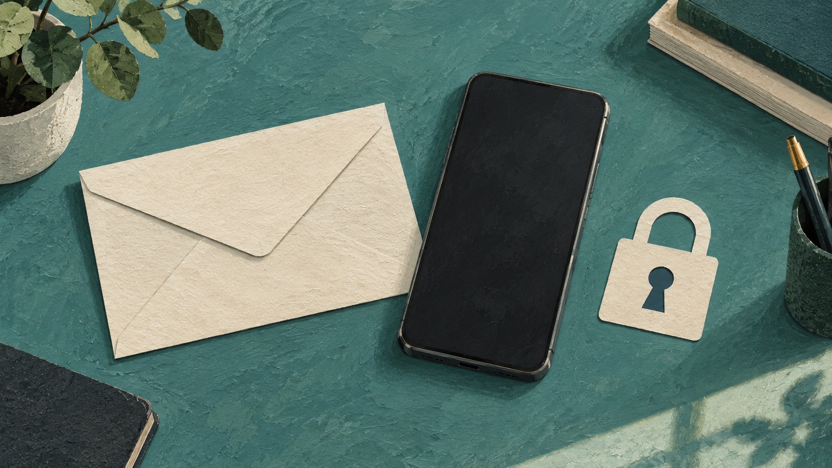 Conceptuele illustratie van een gesloten envelop, een smartphone en een papieren slot op een bureau.