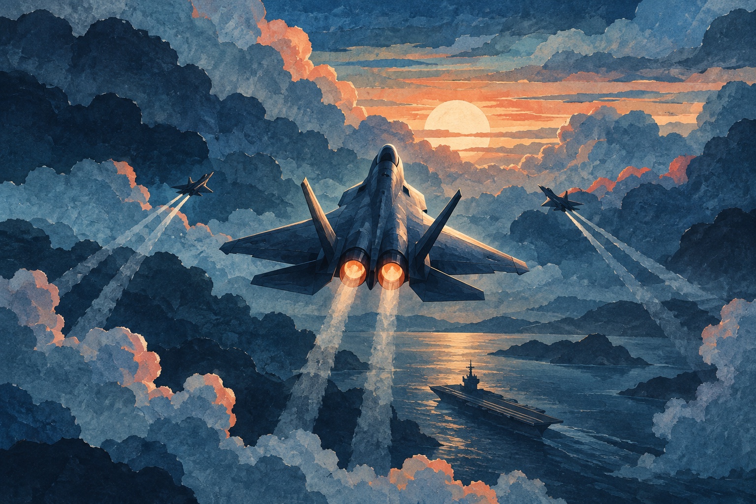 AI-illustratie van drie fictieve straaljagers boven een vliegdekschip tussen donkere wolken bij zonsopkomst.