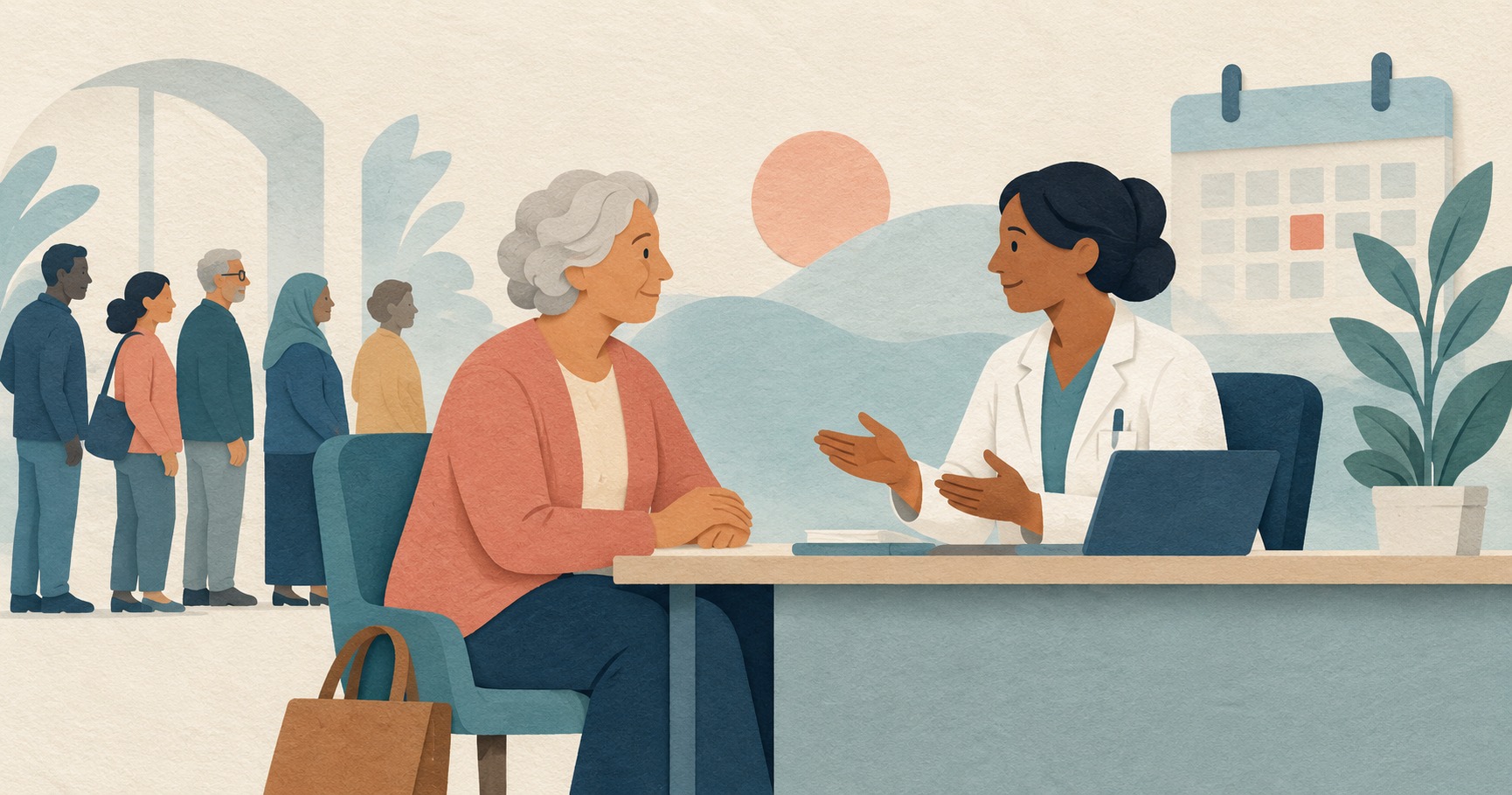 Conceptuele illustratie van een oudere vrouw in gesprek met een zorgverlener, met andere volwassenen op de achtergrond.