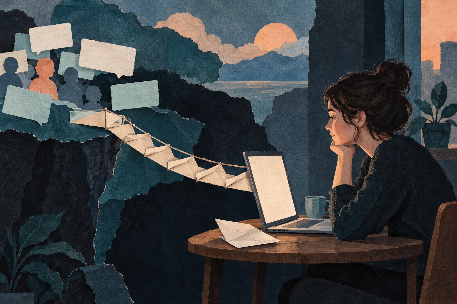 Conceptuele AI-papiercollage van een lezer bij een laptop, met een papieren brug naar berichten en een gevouwen brief op tafel.