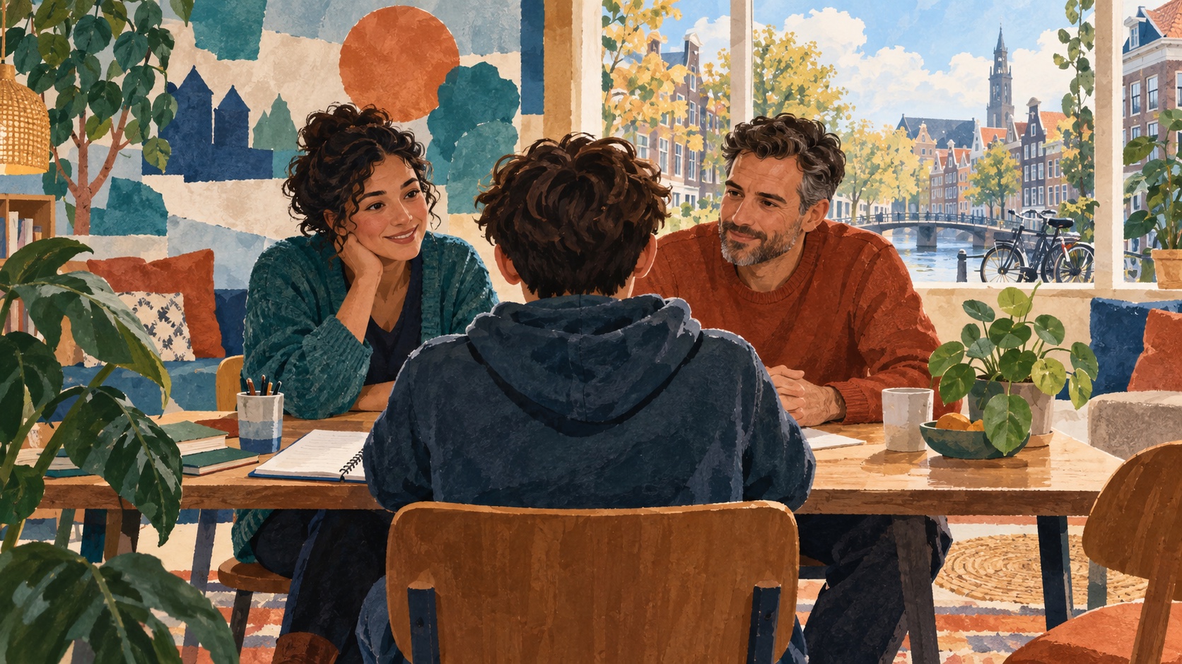 Conceptuele AI-illustratie: een jongere zit met twee volwassenen aan tafel met een schoolschrift, terwijl een Nederlandse straat zichtbaar is door het raam.