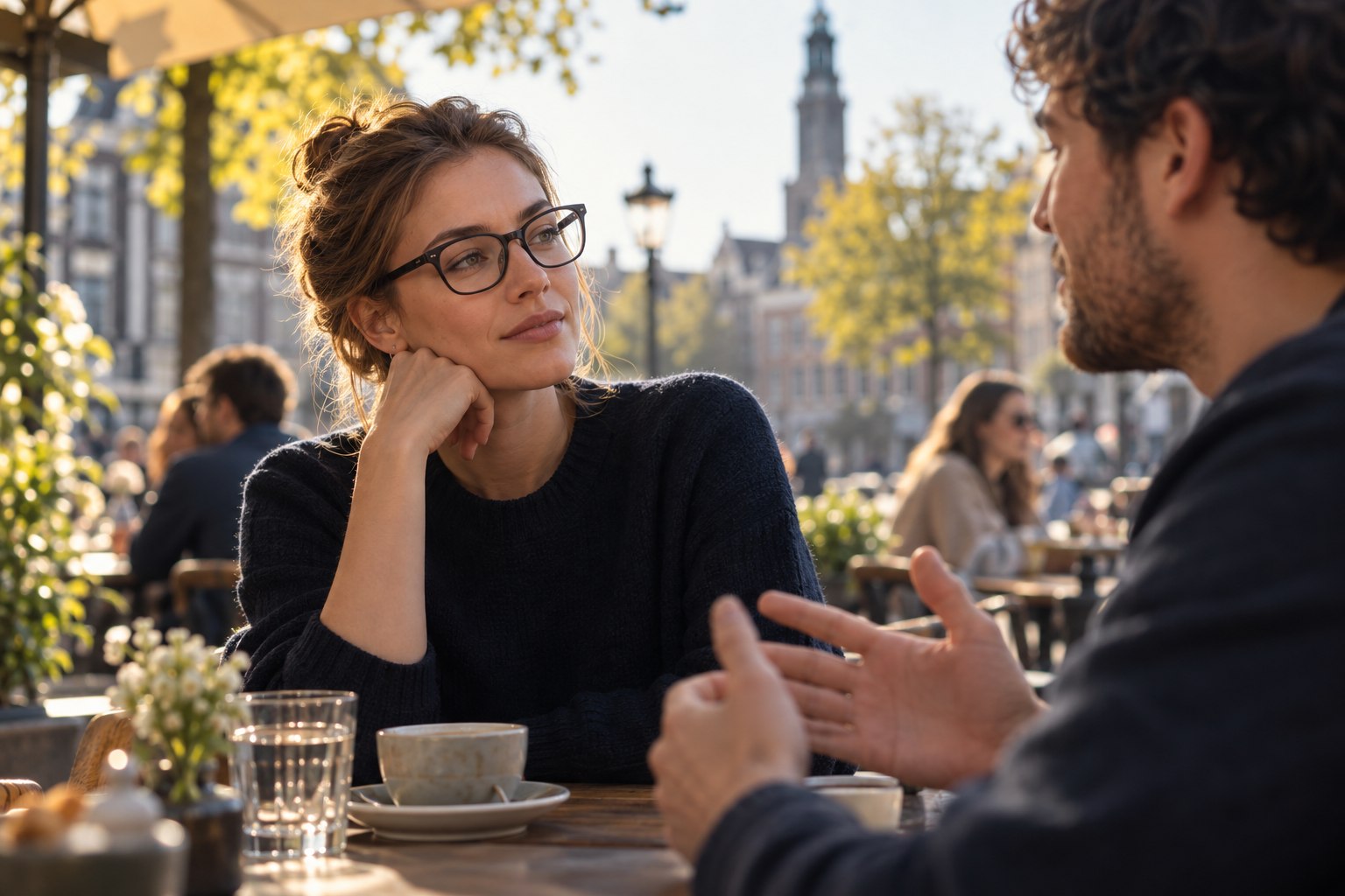AI-illustratie: twee mensen praten in een café, een van hen draagt een eenvoudige bril zonder zichtbare camera.