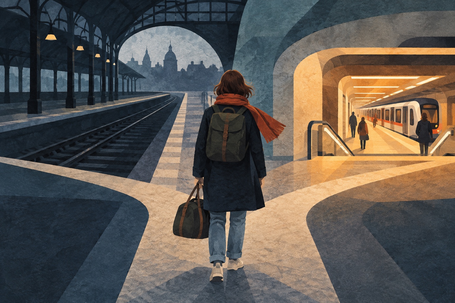 AI-illustratie in papiercollage van een reiziger bij een leeg treinperron en een doorgang naar de metro als alternatieve route.