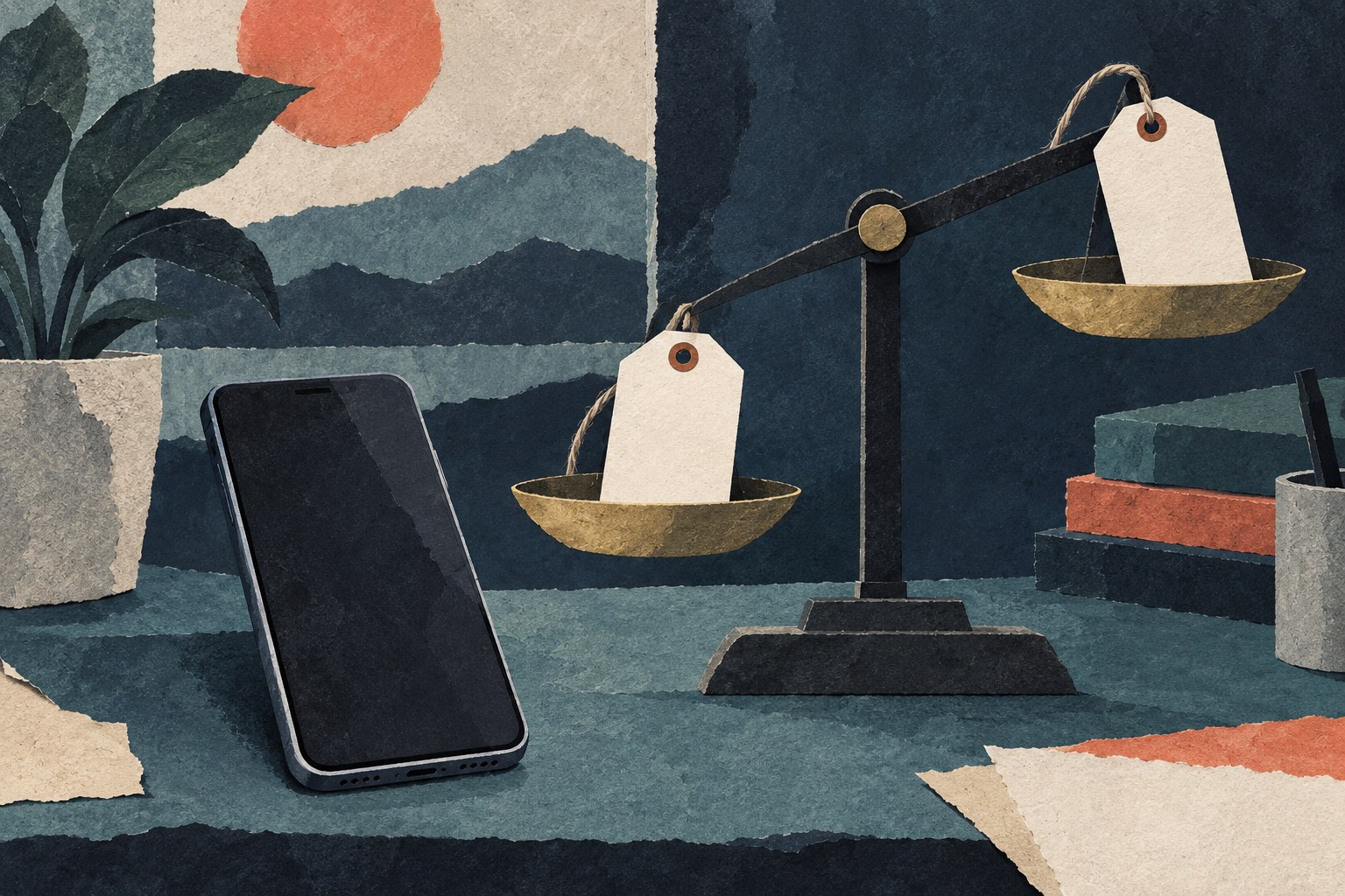 Conceptuele geschilderde collage van een telefoon naast een weegschaal met blanco prijskaartjes.