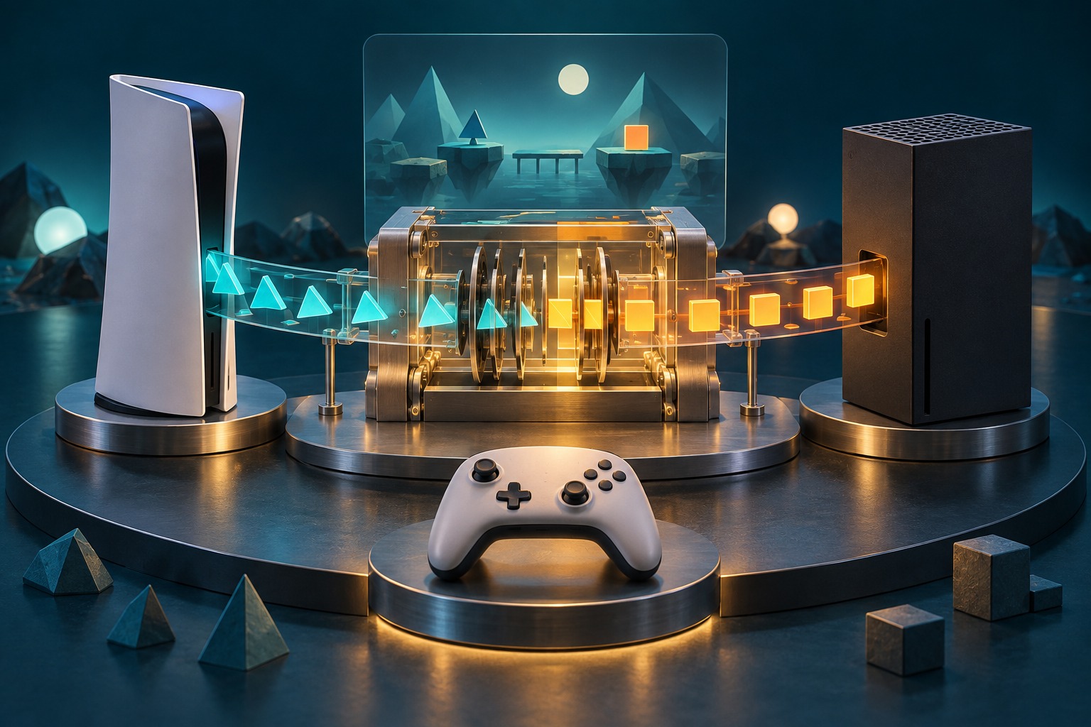 AI-illustratie van twee spelcomputers met een denkbeeldige vertaalmachine ertussen.