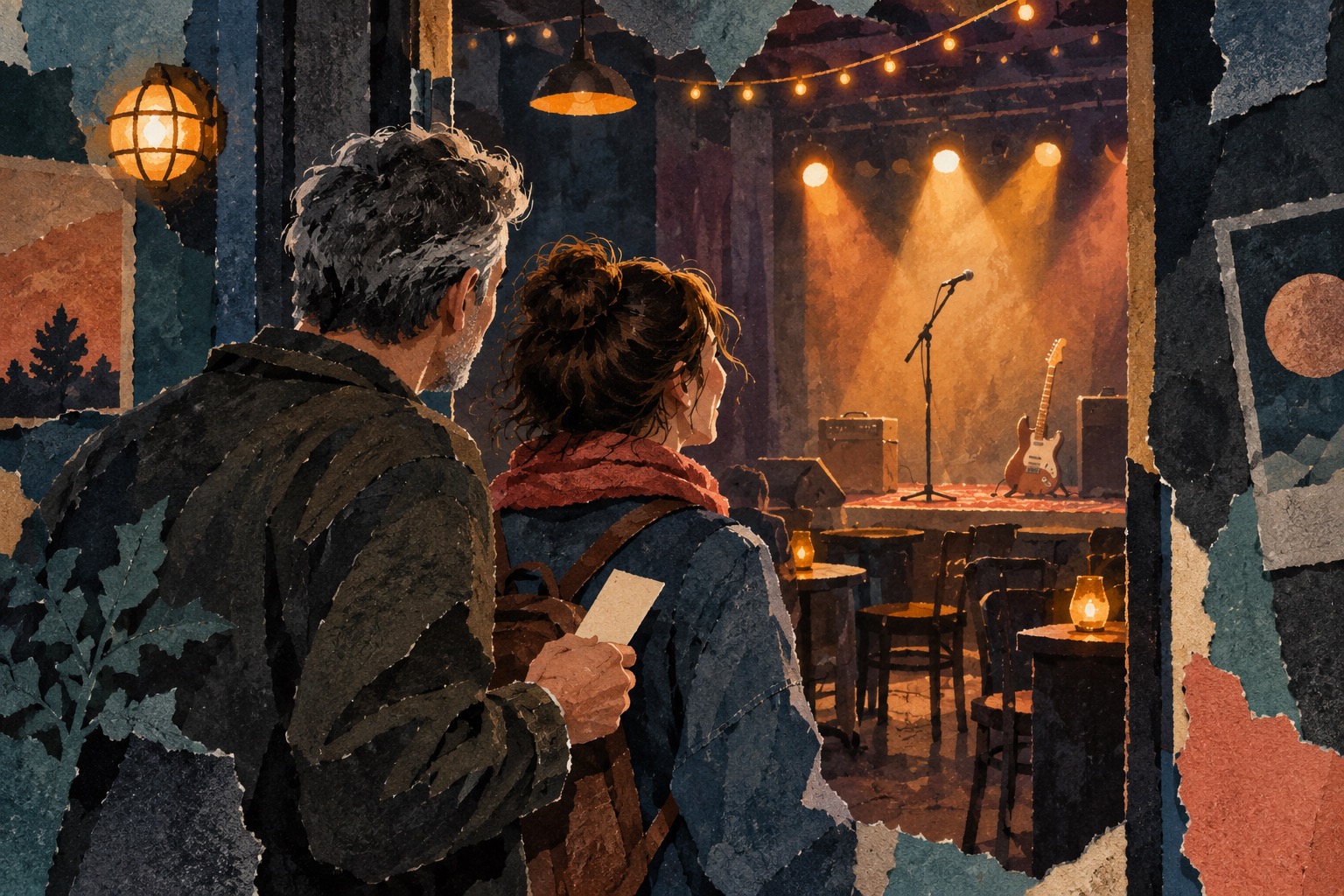 Conceptuele AI-illustratie van twee muziekliefhebbers die bij een concertingang naar een verlicht podium kijken; dit zijn geen leden van Tröckener Kecks.