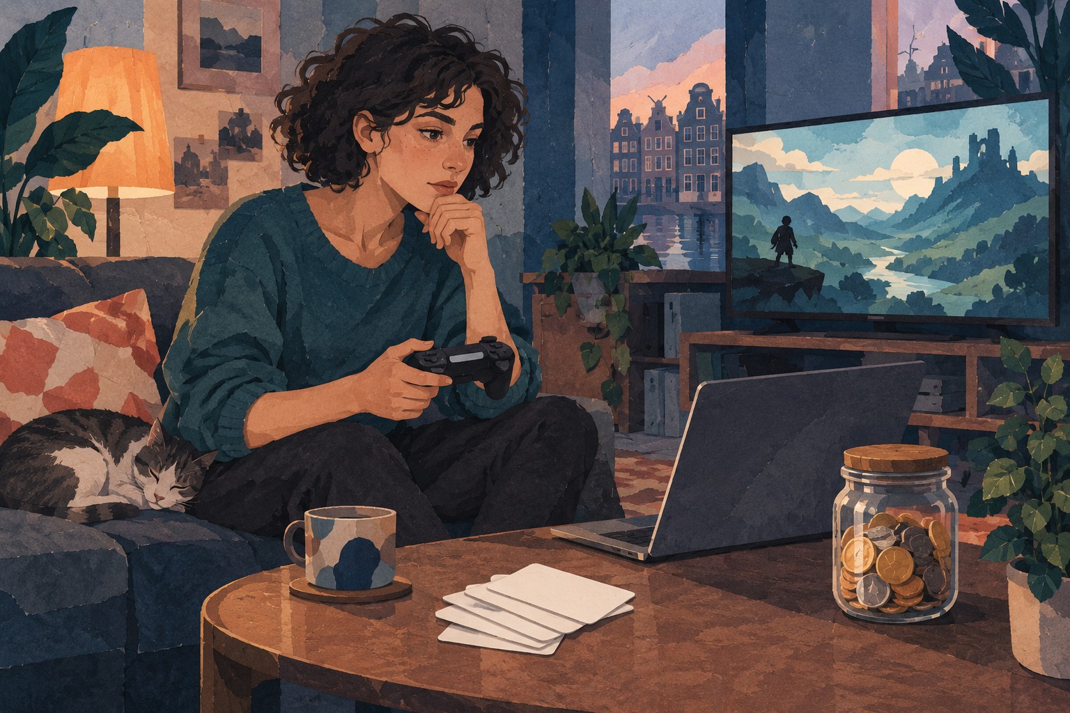 Conceptuele papiercollage van een jonge vrouw met een controller, een laptop, blanco toegangspassen en een pot met muntgeld.