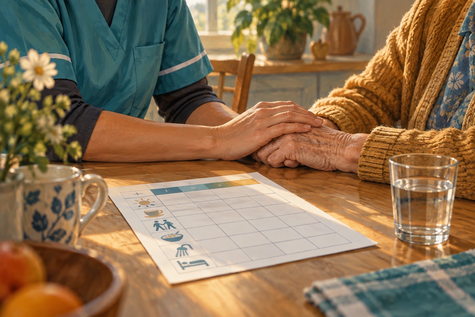 Illustratie van een zorgverlener en een oudere persoon die elkaars hand vasthouden aan een keukentafel met een zorgplanning.