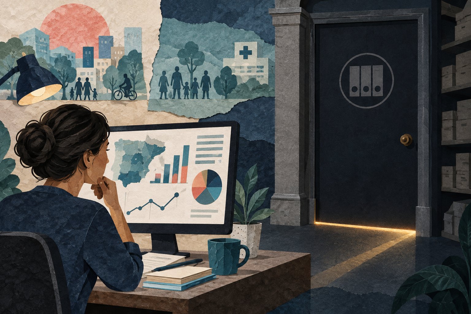Conceptuele AI-illustratie van een onderzoeker bij openbare statistiek en een lichtspoor naar een afgesloten archief.