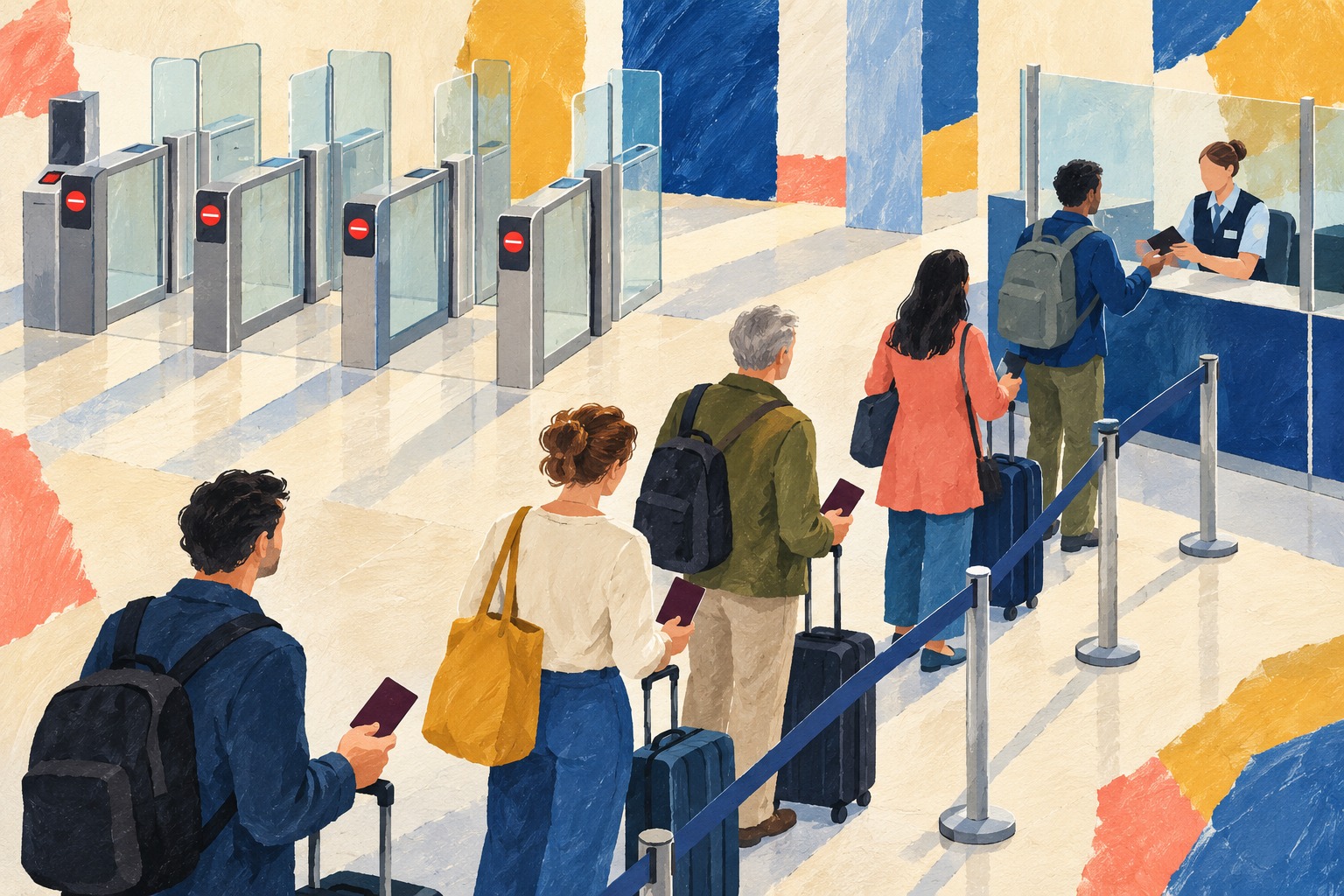 Illustratie van reizigers met koffers die wachten bij een bemande paspoortbalie naast ongebruikte automatische poortjes.