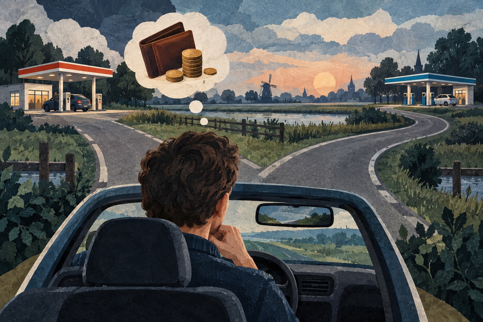 AI-illustratie: automobilist ziet bij een splitsing twee tankstations en denkt aan de kosten van de extra route; geen echte grenslocatie of prijsmeting.