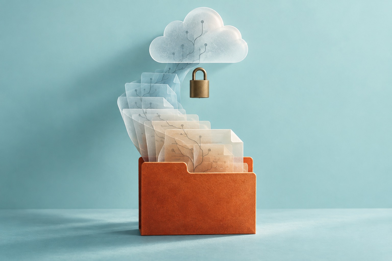 Conceptuele illustratie van een archiefmap met lagen oudere documenten, een wolk en een gesloten slot.
