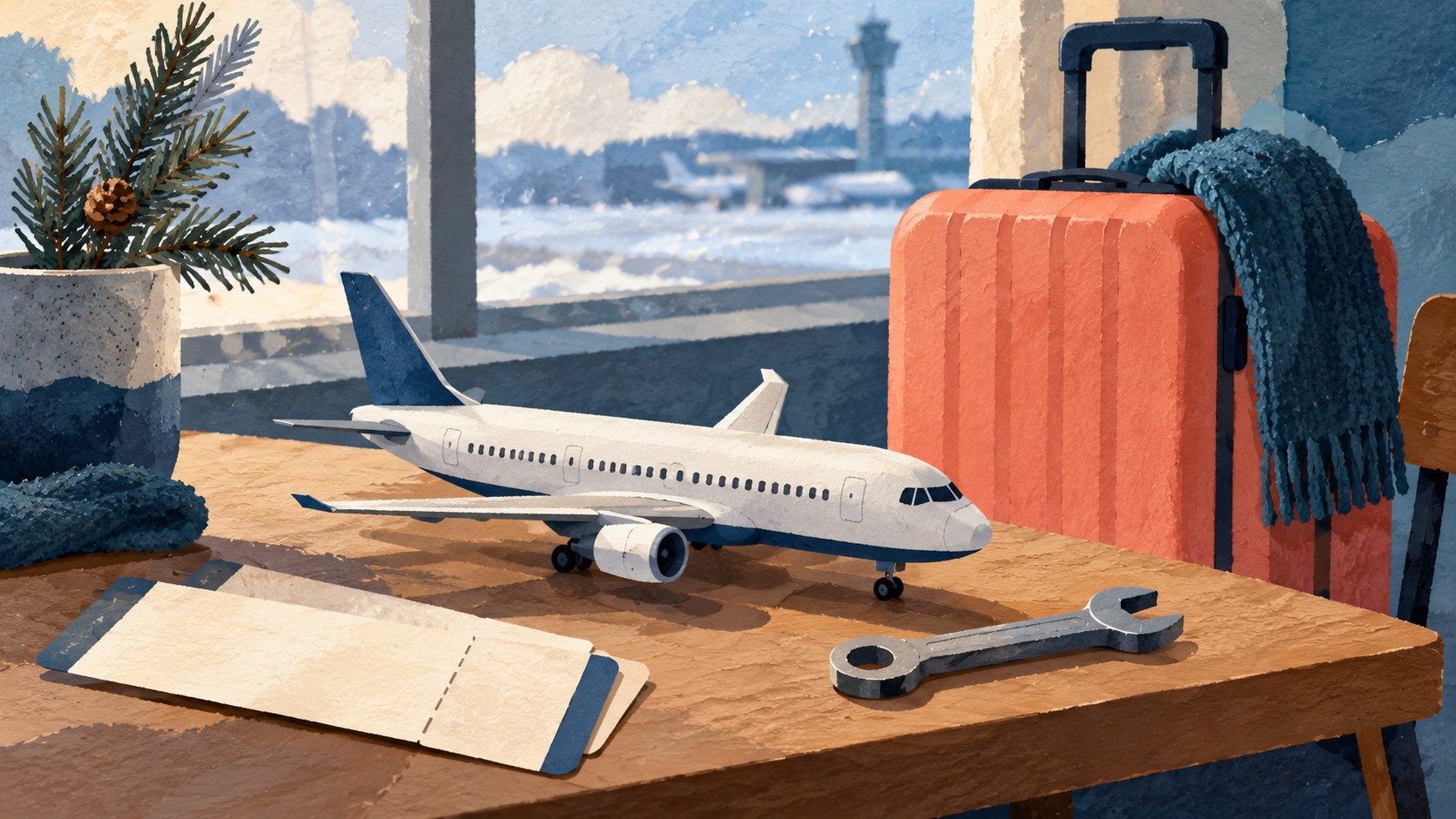 Conceptuele illustratie van een vliegtuigmodel, een koffer, blanco tickets en een steeksleutel op een tafel.
