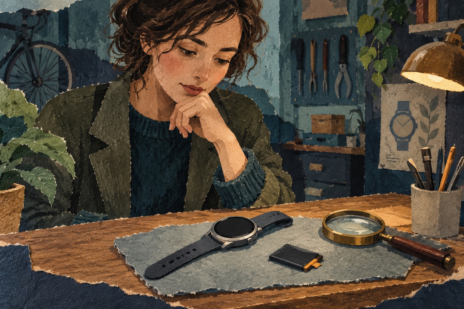 Conceptuele papiercollage van een jonge gebruiker die bij een reparatiebalie een smartwatch en losse batterij bekijkt.